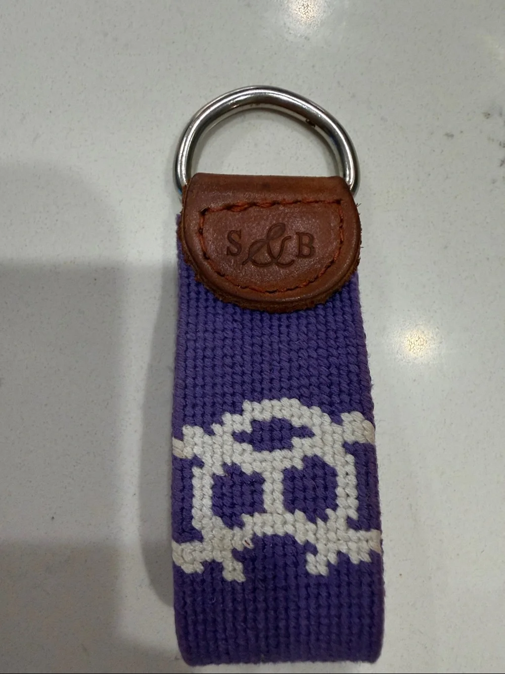 Smathers & Branson Holy Cross needlepoint keychain Purple & White Leather
